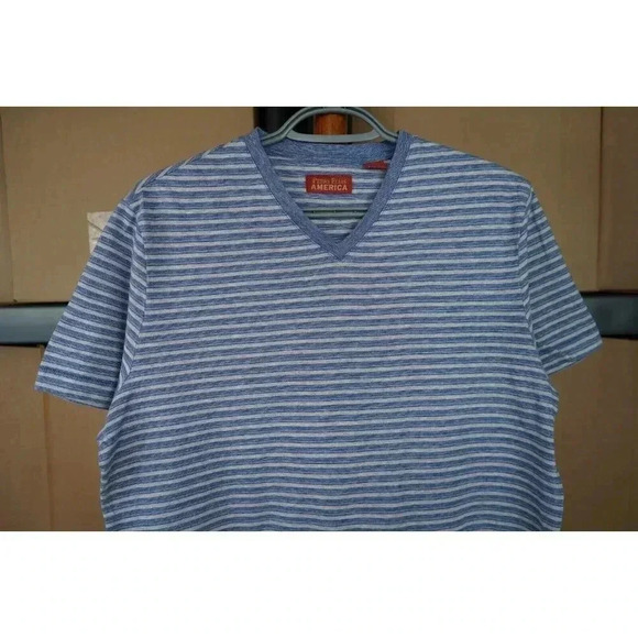 Vintage T-Shirt Men's Medium 90s Stripes Blue Perry Ellis V-Neck #555 - Picture 3 of 6